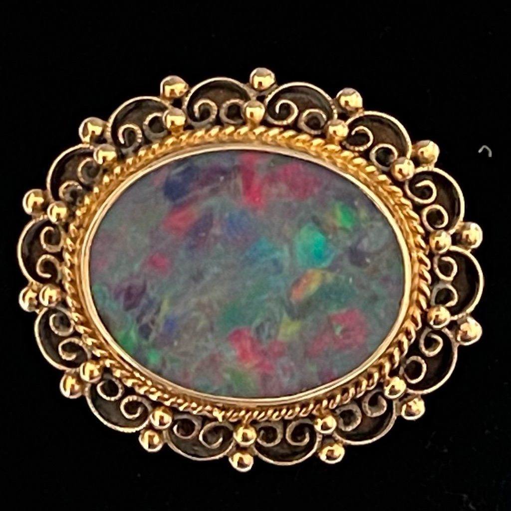 Single Large Harlequin Opal Filigree 14 Kt Gold Vintage